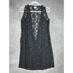 Lularoe Joy Lace Open Front Duster Vest Womens Size XS Black Floral‎ Sleeveless